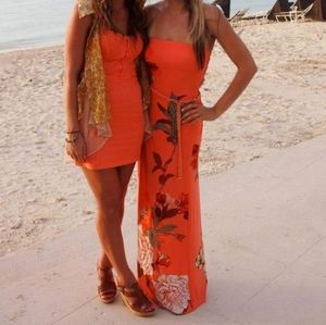 Long Coral/Orange Floral Strapless Caché Dress! XS